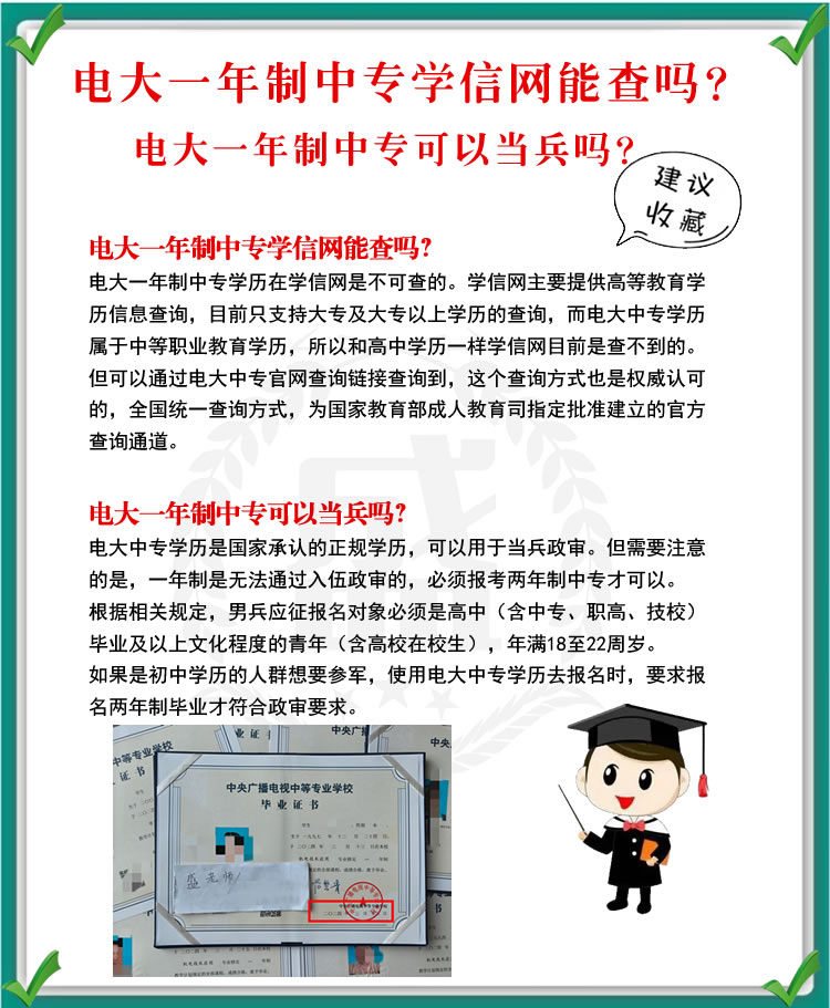 電大一年制中專學信網(wǎng)能查嗎？可以當兵嗎？