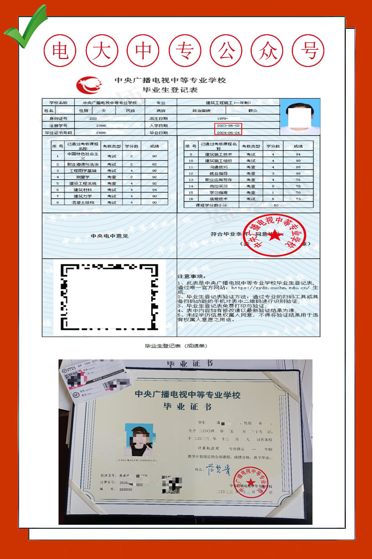 電大中專畢業證書